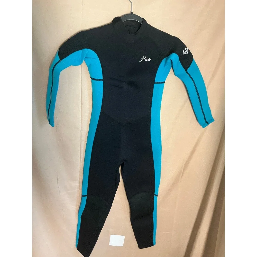 Hevto Wetsuit Kids Size 8 Black Blue Excellent 3/2mm Neoprene Full Body Back Zip